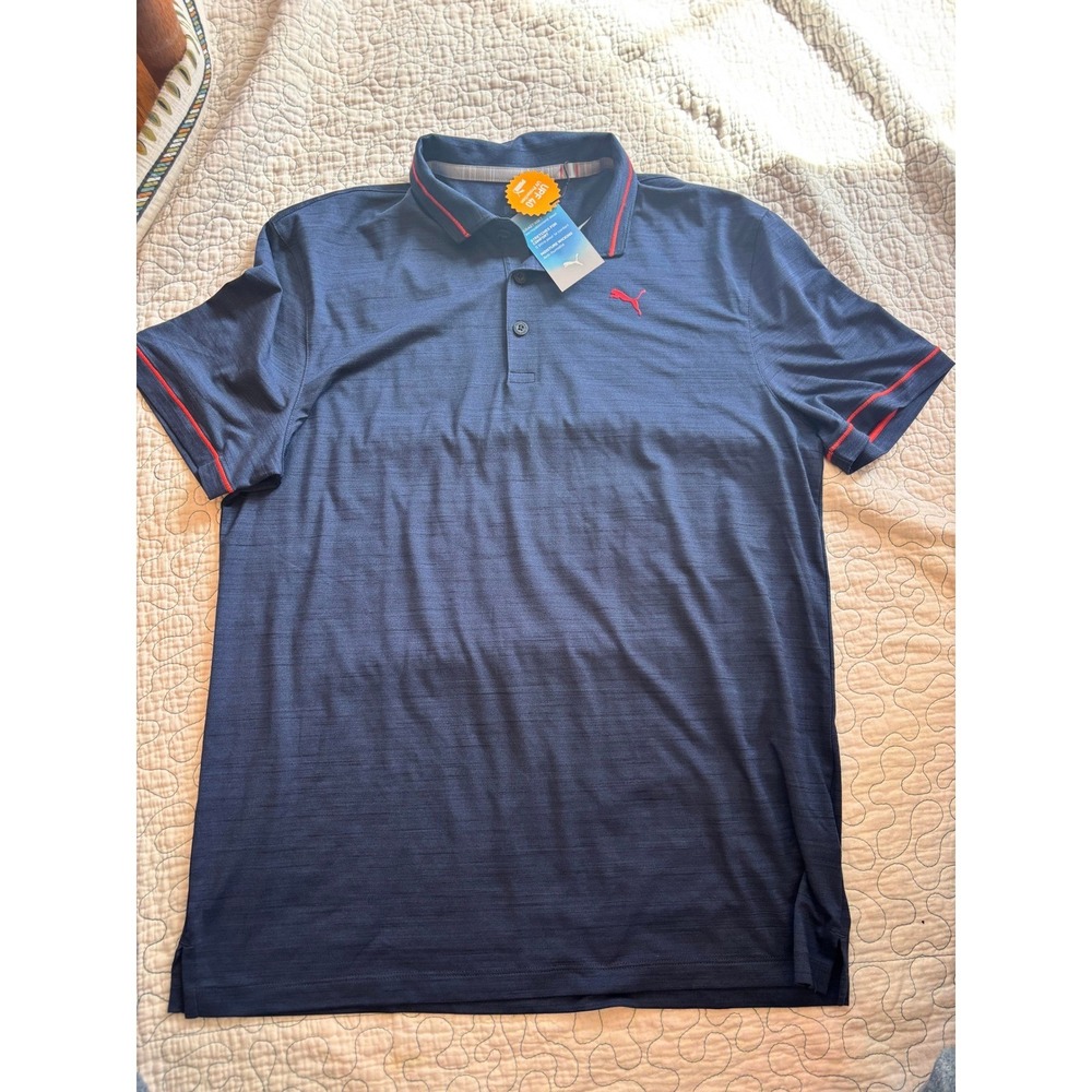 Puma Golf Boys Polo Shirt Navy Blue Heathered Red Trim UPF 40 Size XL